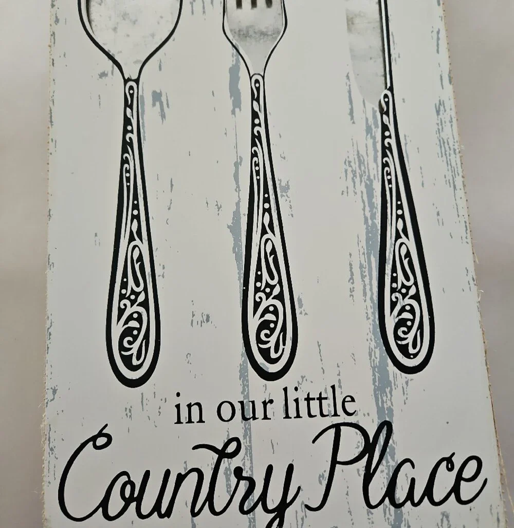 White Country Cutlery Wall Art Sign - Rustic Kitchen Decor